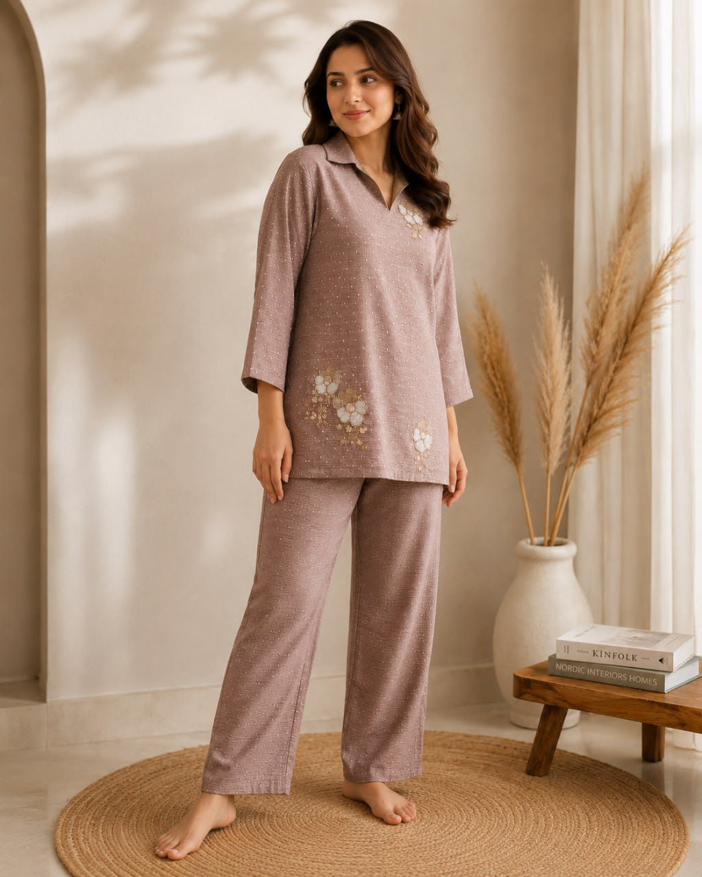 Women’s Mauve Embroidered Kurta Pant Co-Ord Set | Elegant Casual Ethnic Wear
