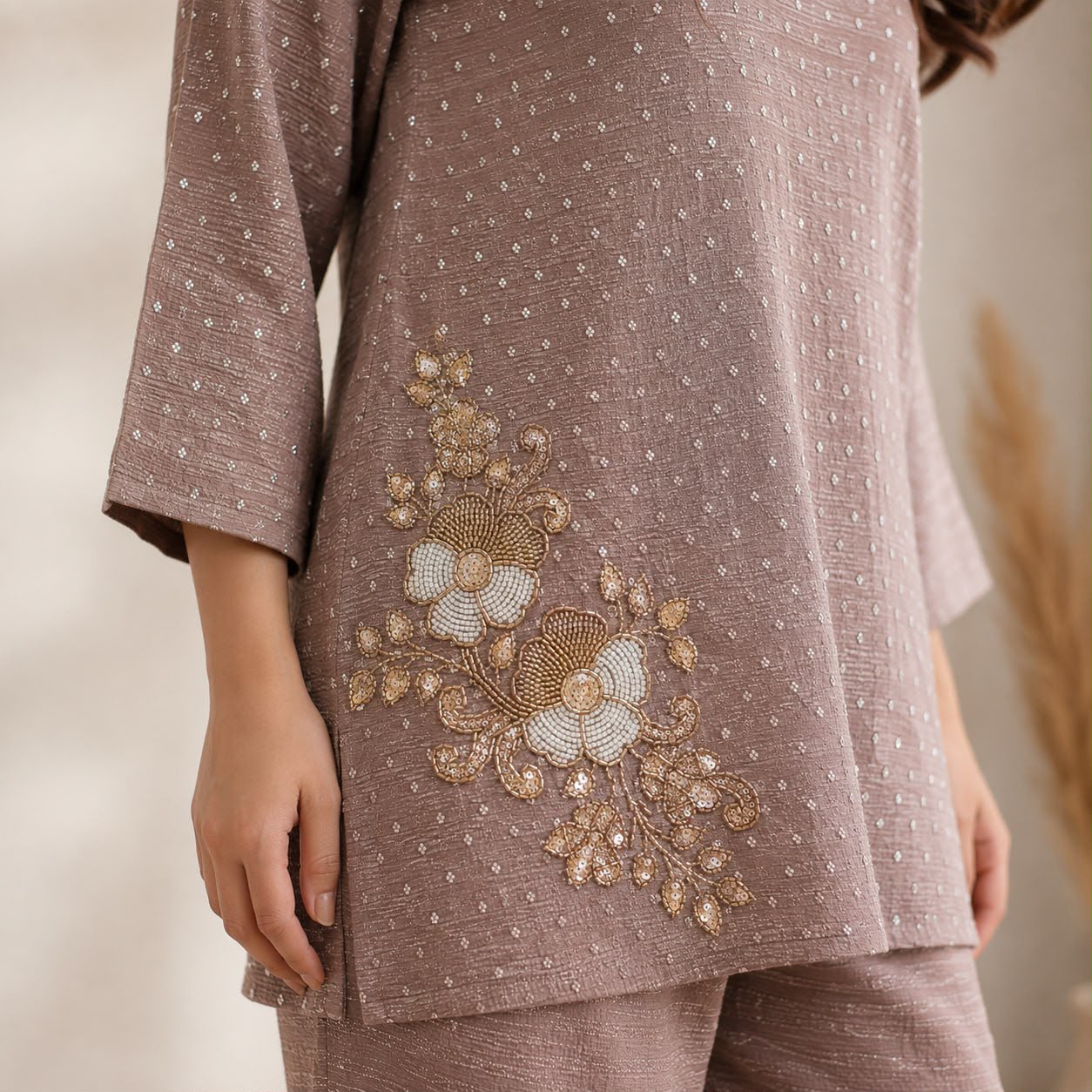 Women’s Mauve Embroidered Kurta Pant Co-Ord Set | Elegant Casual Ethnic Wear