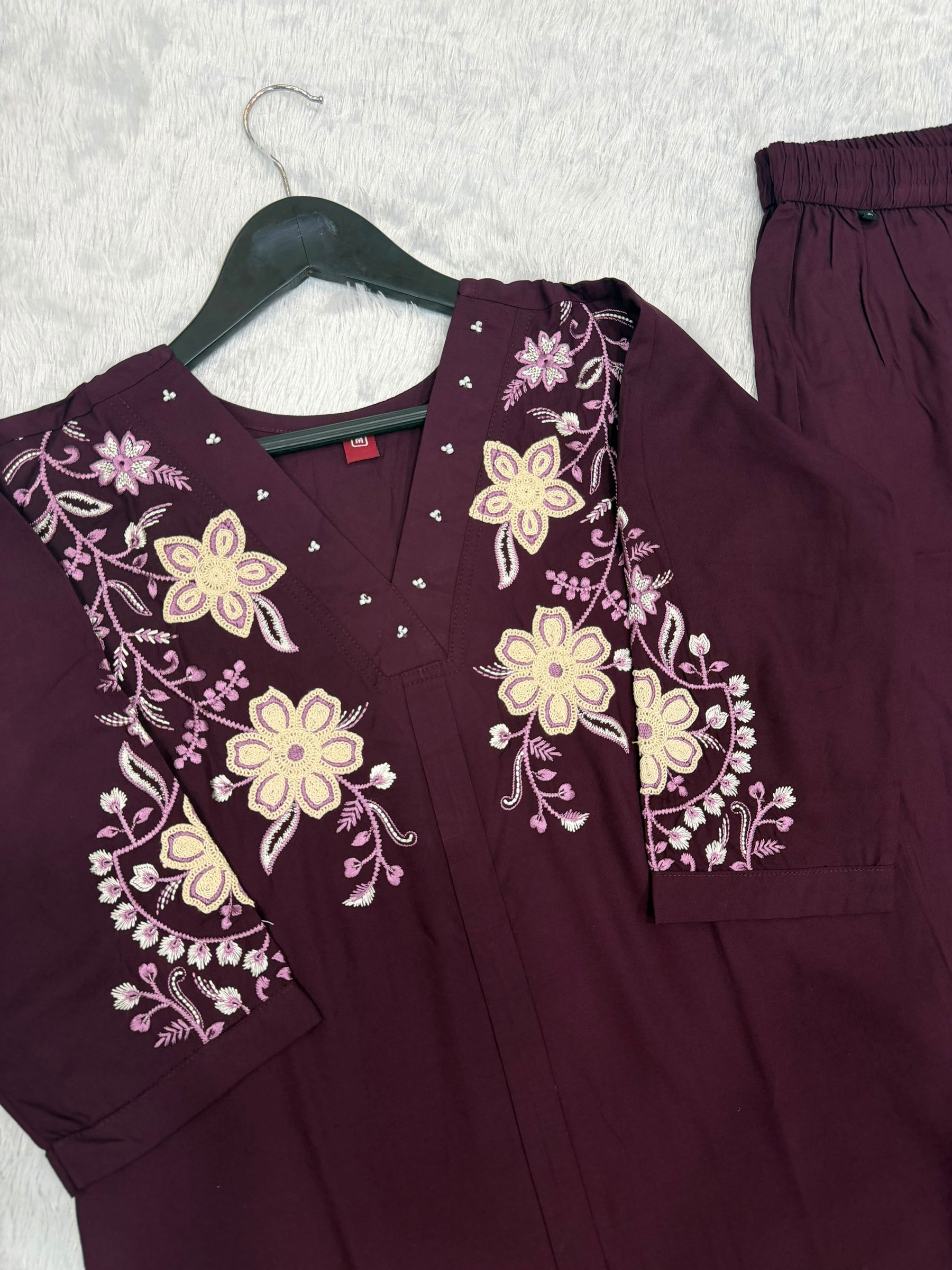 Floral Embroidered V-Neck Kurta Pant Co-Ord Set for Women