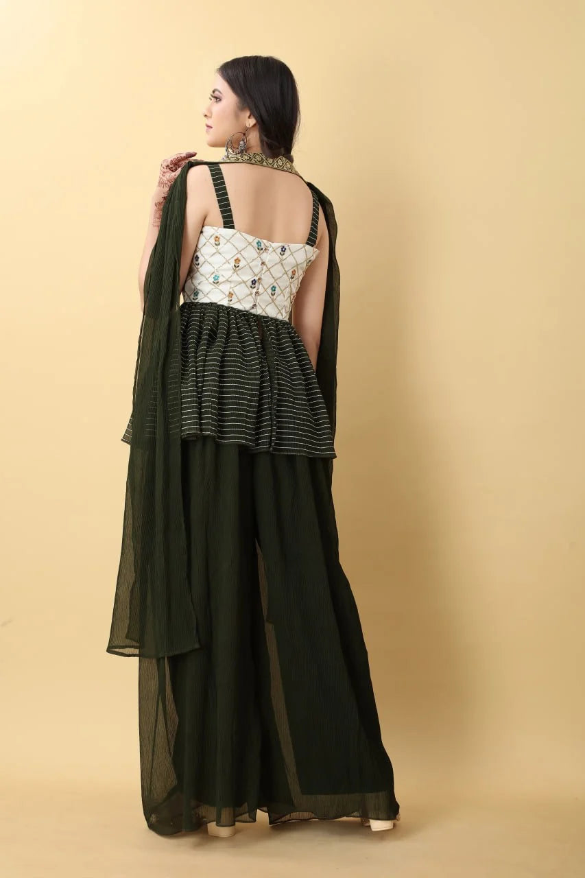 Designer Olive Green Peplum Sharara Set with Printed Bodice & Dupatta
