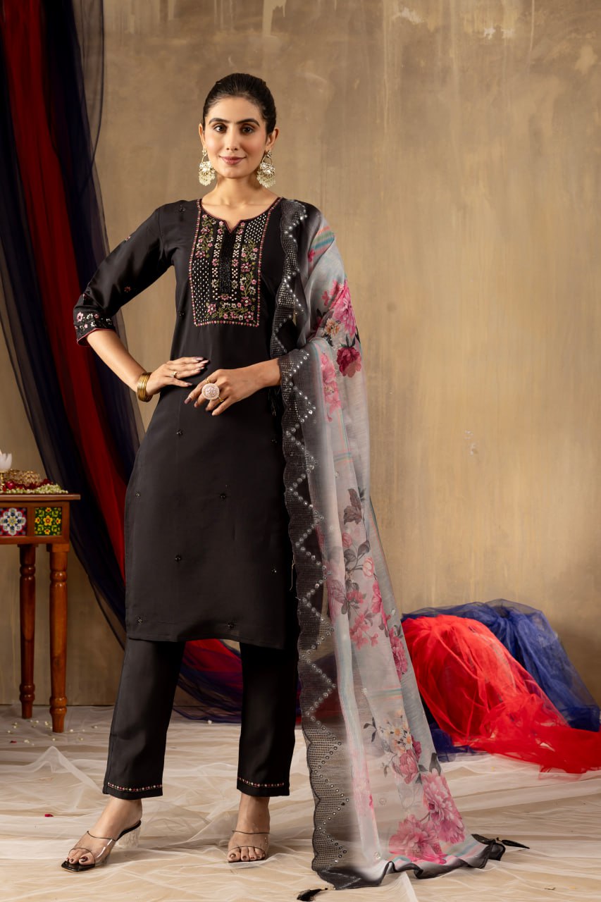 Women's Teal Embroidered Straight Kurta Pant Set with Floral Organza Dupatta