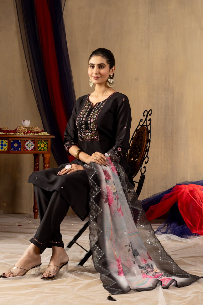 Women's Teal Embroidered Straight Kurta Pant Set with Floral Organza Dupatta