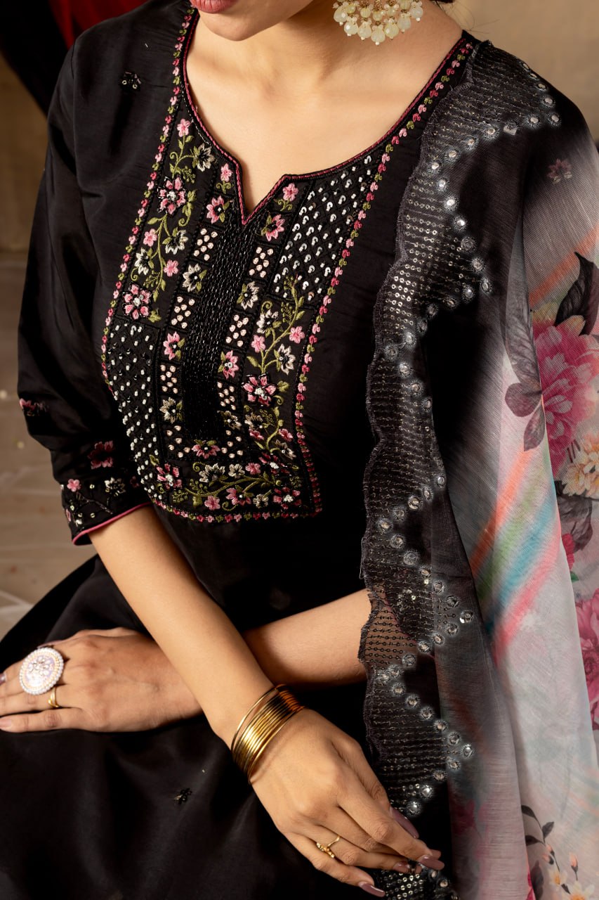 Women's Teal Embroidered Straight Kurta Pant Set with Floral Organza Dupatta