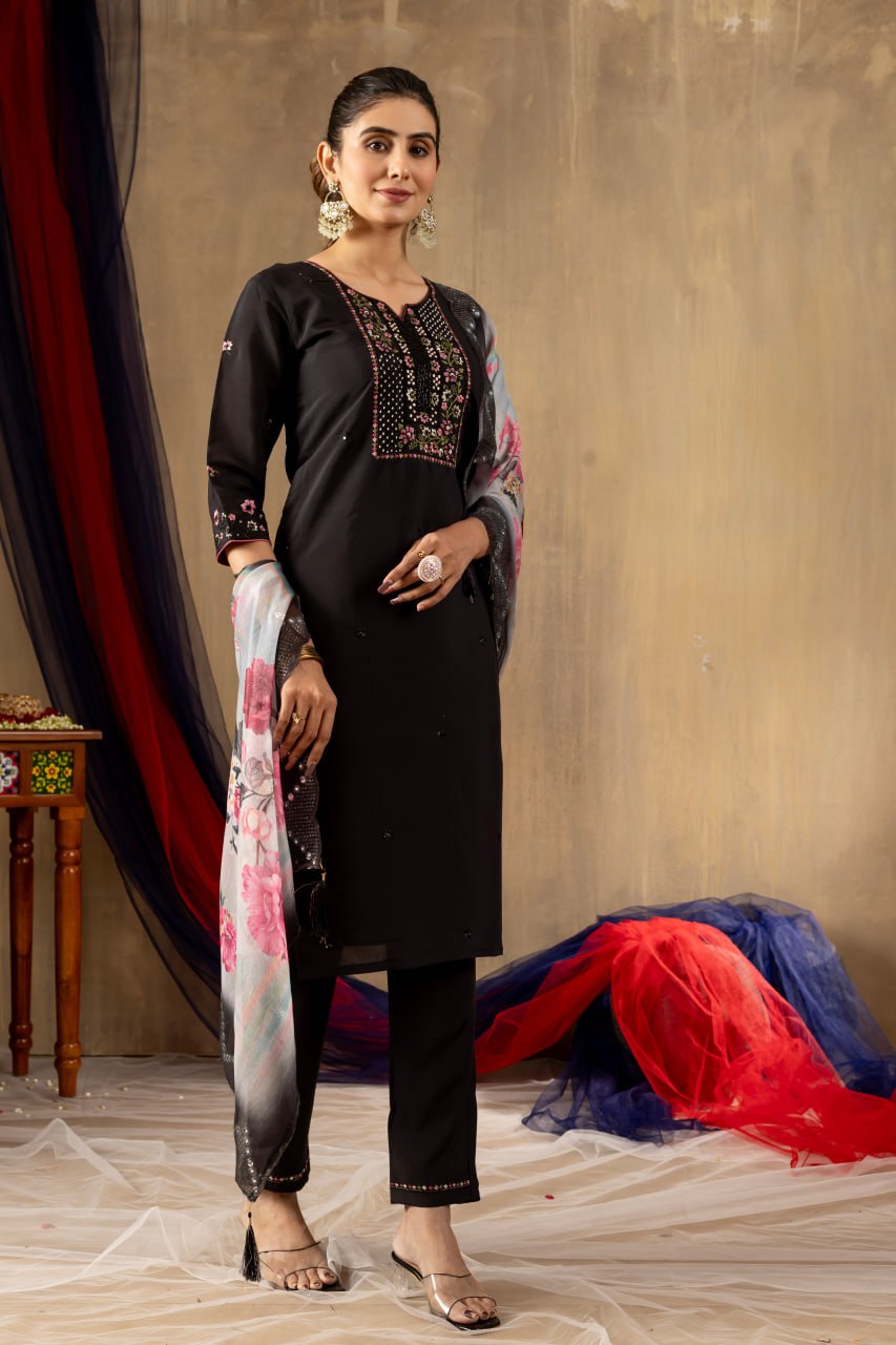 Women's Teal Embroidered Straight Kurta Pant Set with Floral Organza Dupatta