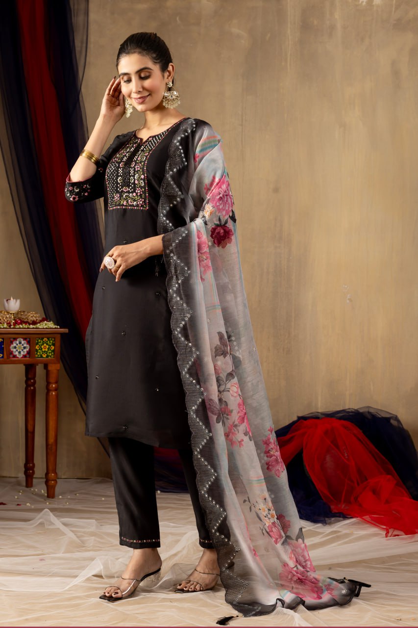 Women's Teal Embroidered Straight Kurta Pant Set with Floral Organza Dupatta