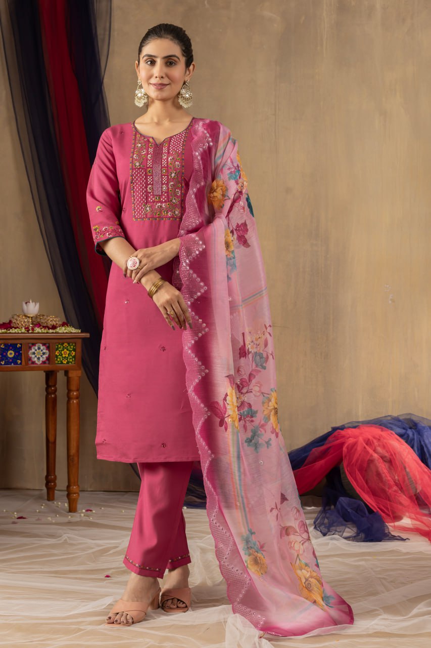 Women's Teal Embroidered Straight Kurta Pant Set with Floral Organza Dupatta