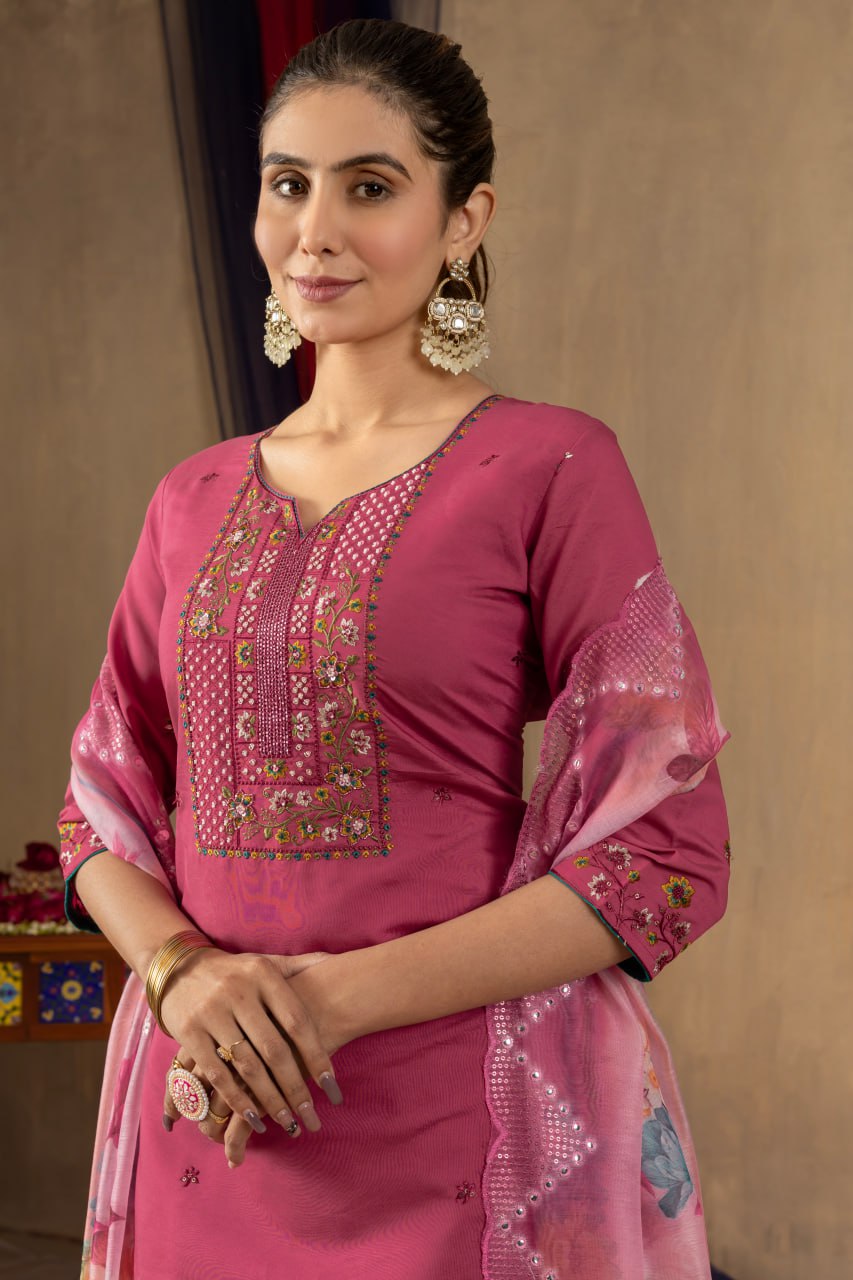 Women's Teal Embroidered Straight Kurta Pant Set with Floral Organza Dupatta