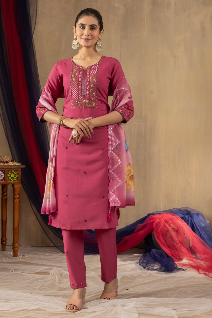 Women's Teal Embroidered Straight Kurta Pant Set with Floral Organza Dupatta