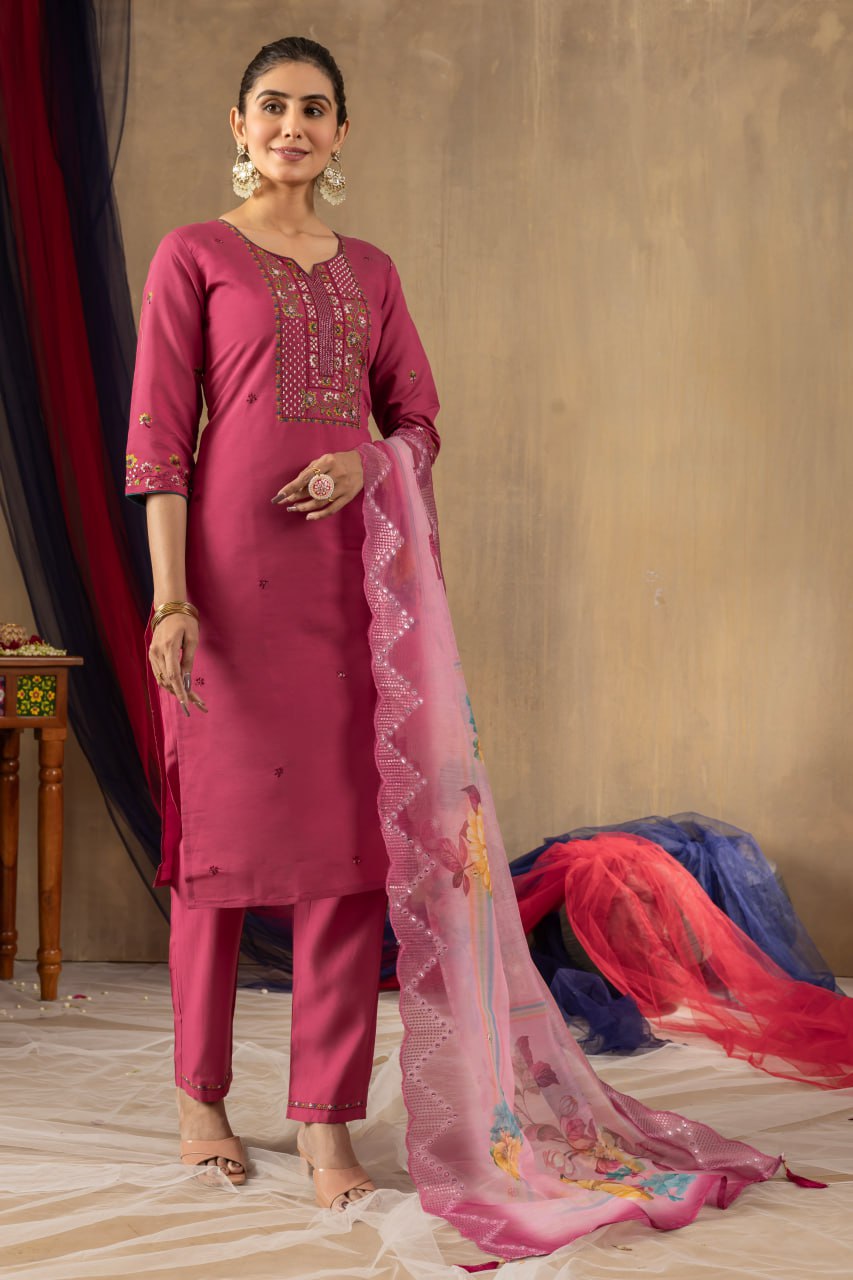 Women's Teal Embroidered Straight Kurta Pant Set with Floral Organza Dupatta
