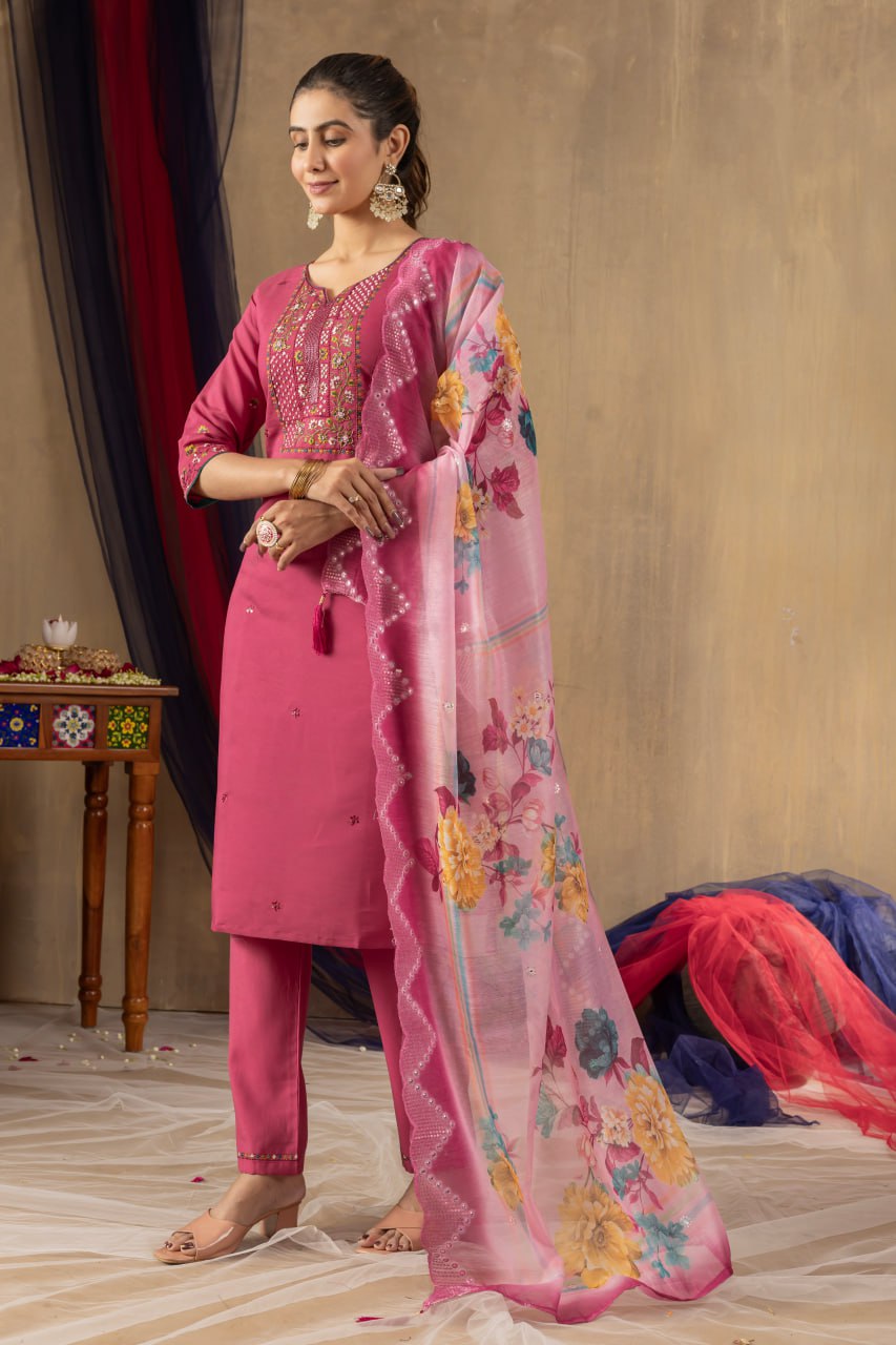 Women's Teal Embroidered Straight Kurta Pant Set with Floral Organza Dupatta
