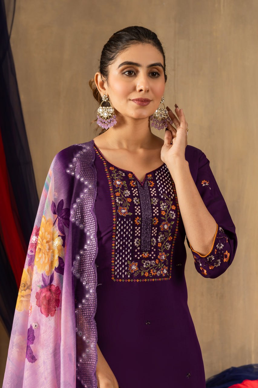 Women's Teal Embroidered Straight Kurta Pant Set with Floral Organza Dupatta