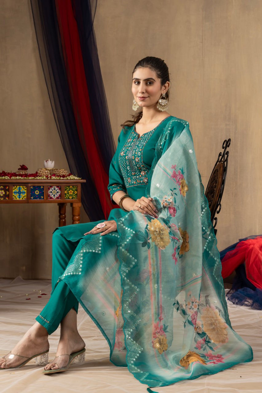 Women's Teal Embroidered Straight Kurta Pant Set with Floral Organza Dupatta