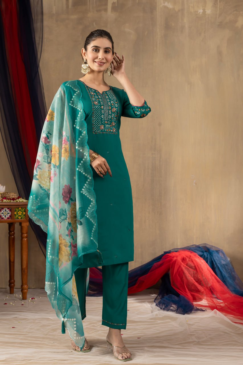 Women's Teal Embroidered Straight Kurta Pant Set with Floral Organza Dupatta
