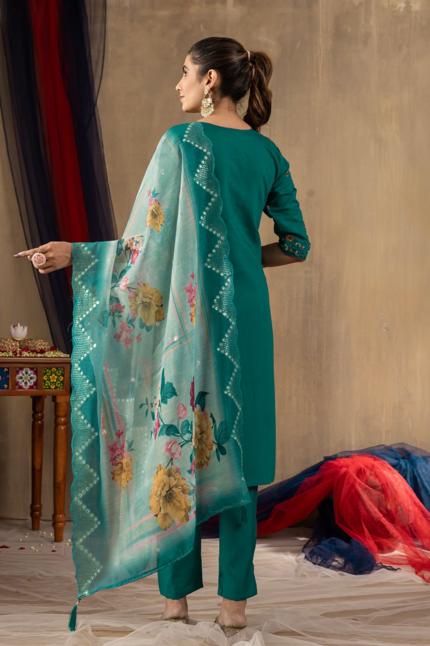 Women's Teal Embroidered Straight Kurta Pant Set with Floral Organza Dupatta