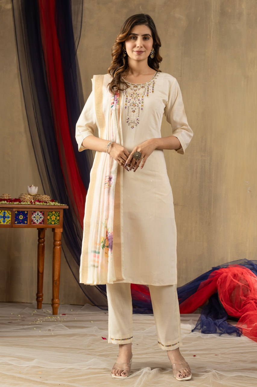 Women's Dusty Rose Embroidered Kurta Set with Floral Dupatta | Premium Ethnic Wear