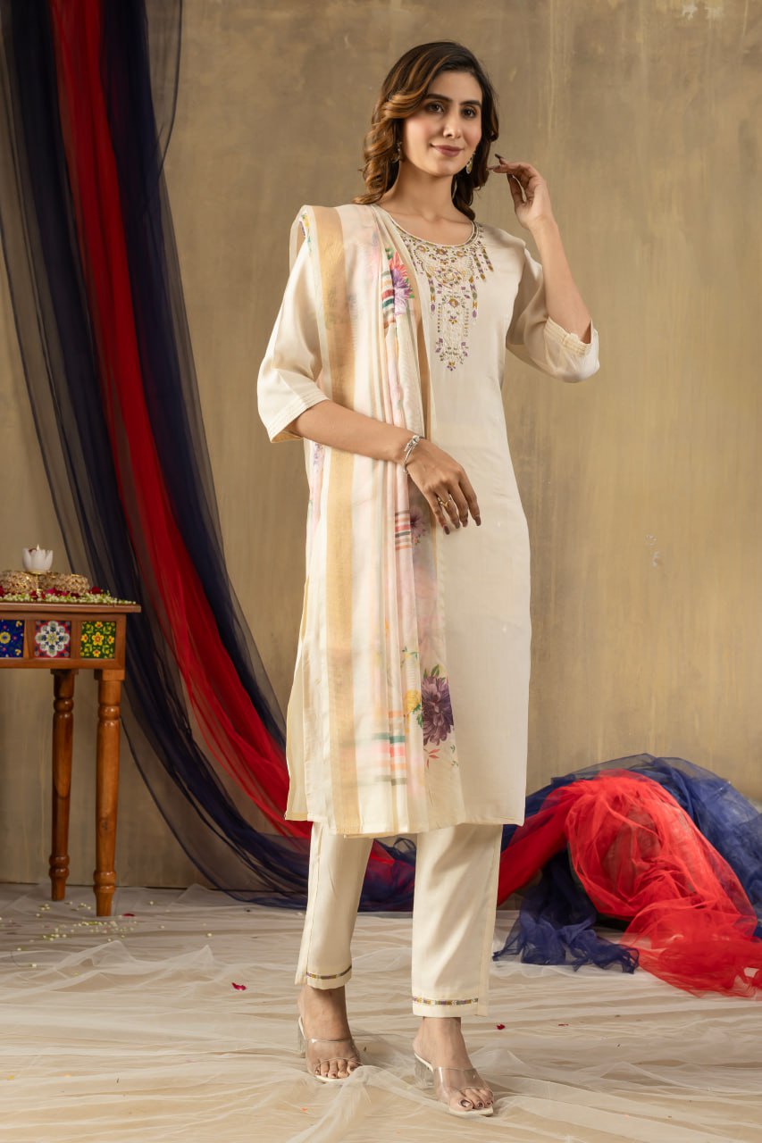Women's Dusty Rose Embroidered Kurta Set with Floral Dupatta | Premium Ethnic Wear