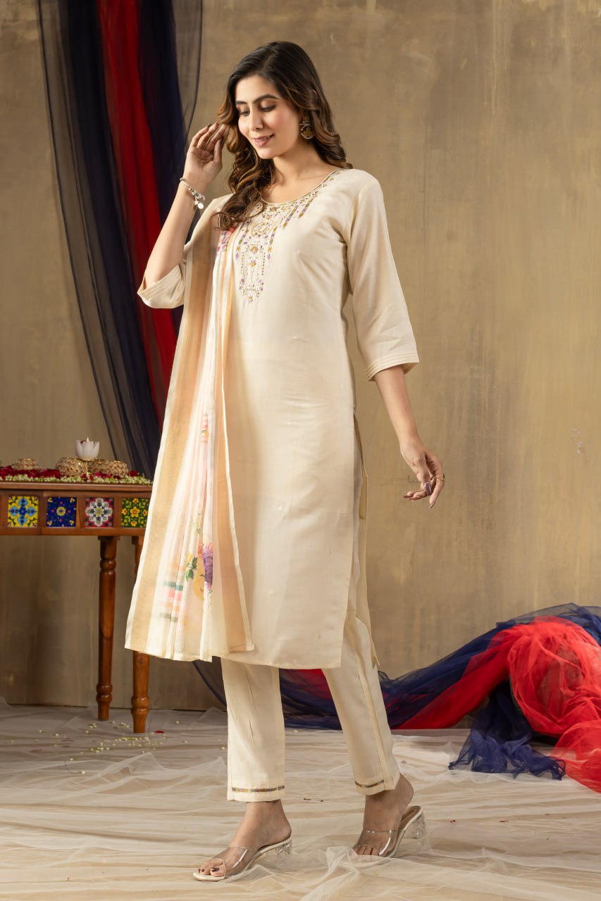 Women's Dusty Rose Embroidered Kurta Set with Floral Dupatta | Premium Ethnic Wear