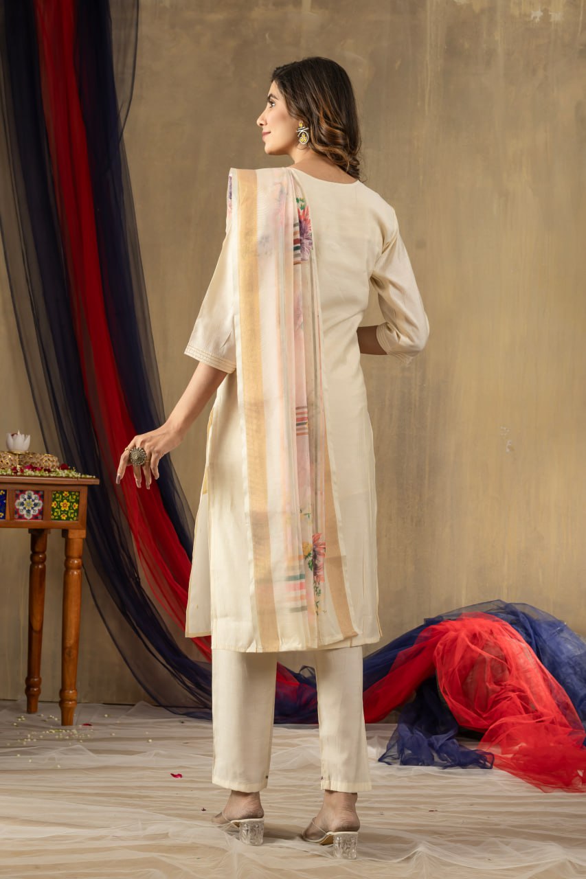 Women's Dusty Rose Embroidered Kurta Set with Floral Dupatta | Premium Ethnic Wear