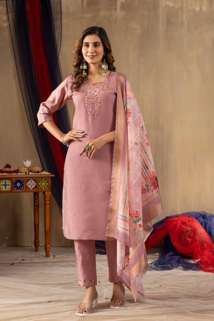 Women's Dusty Rose Embroidered Kurta Set with Floral Dupatta | Premium Ethnic Wear