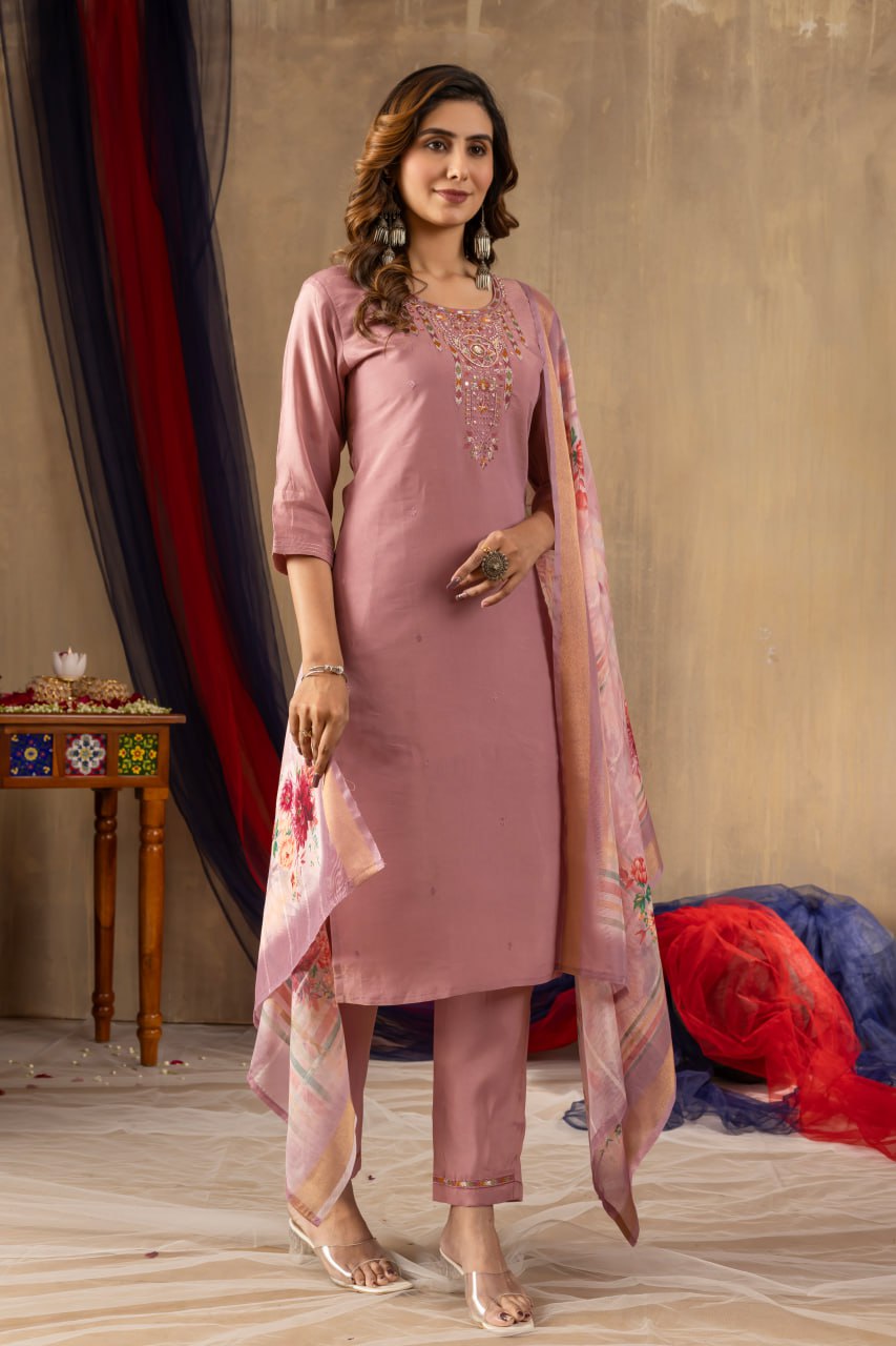 Women's Dusty Rose Embroidered Kurta Set with Floral Dupatta | Premium Ethnic Wear