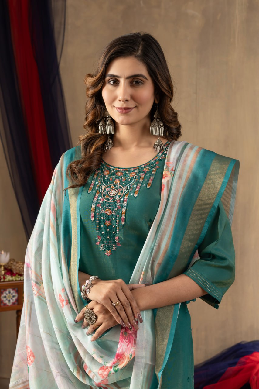 Women's Dusty Rose Embroidered Kurta Set with Floral Dupatta | Premium Ethnic Wear