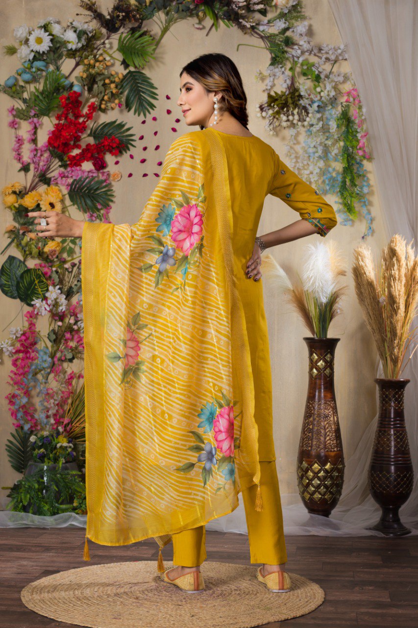 Women's Mustard Yellow Embroidered Kurta Set with Floral Printed Dupatta | Ethnic Wear for Festive & Casual Occasion