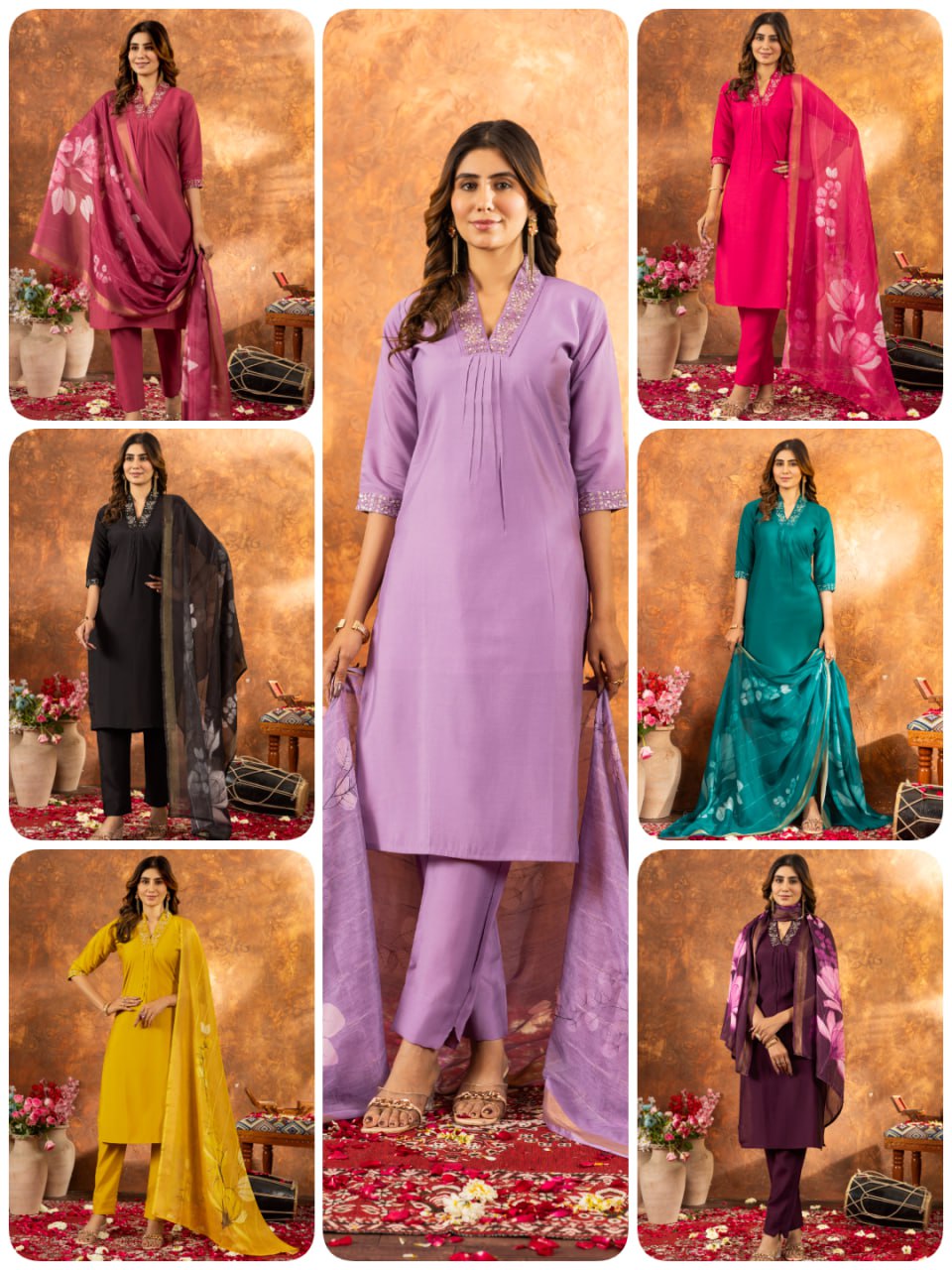 Women's Premium Cotton Embroidered Straight Kurta Pant & Floral Printed Organza Dupatta Set