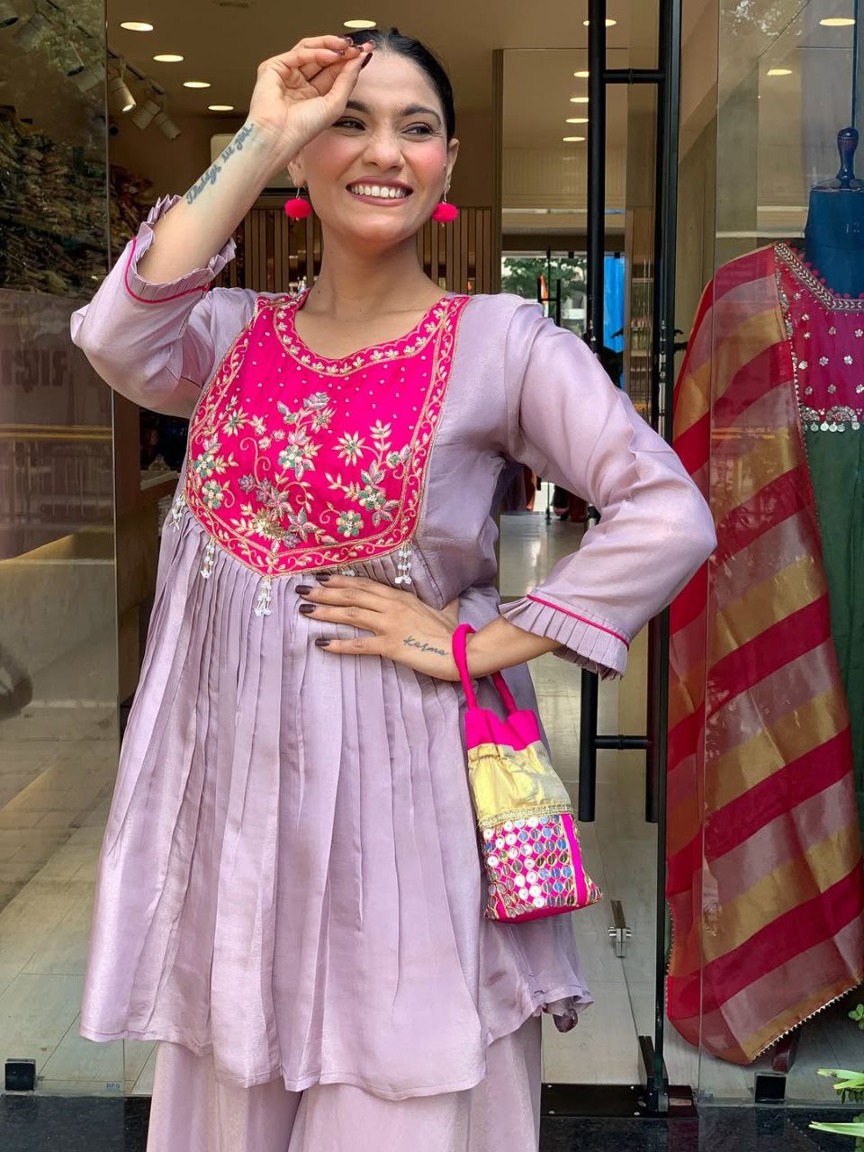 Women's Lavender Embroidered Peplum Kurta with Palazzo Set | Ethnic Party & Festive Wear