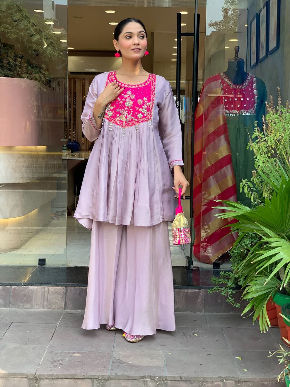 Women's Lavender Embroidered Peplum Kurta with Palazzo Set | Ethnic Party & Festive Wear