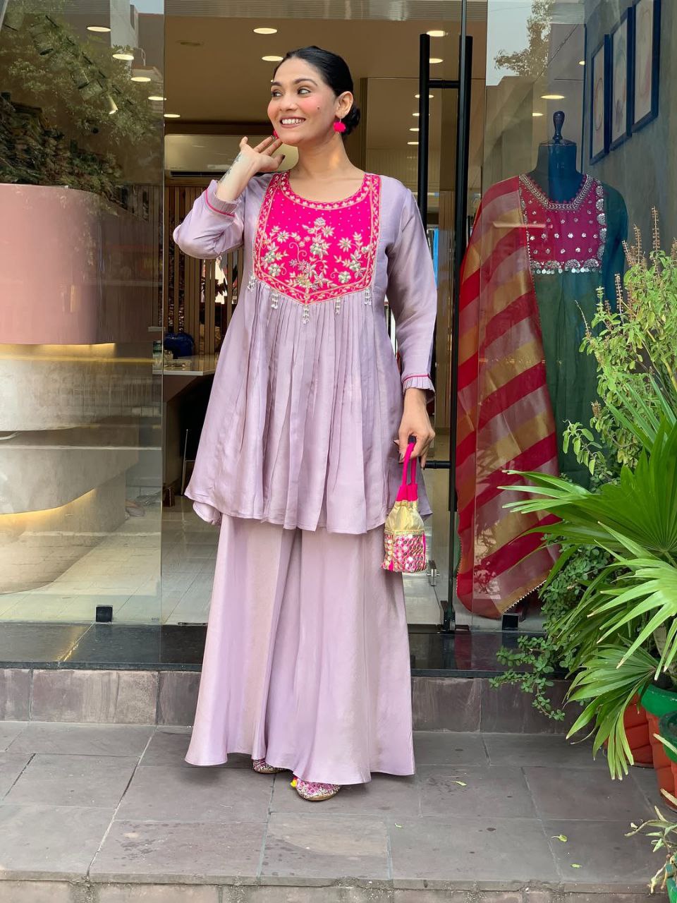 Women's Lavender Embroidered Peplum Kurta with Palazzo Set | Ethnic Party & Festive Wear