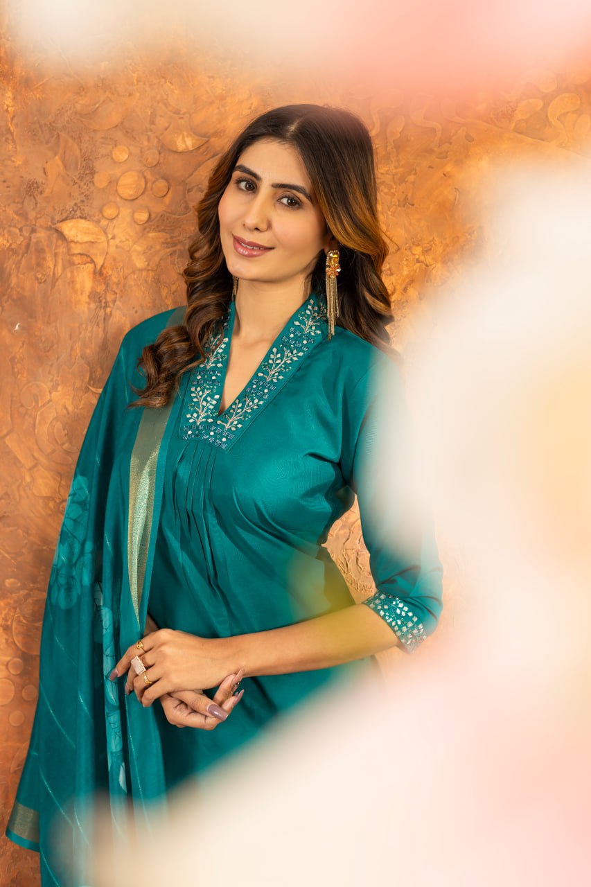 Women's Premium Cotton Embroidered Straight Kurta Pant & Floral Printed Organza Dupatta Set