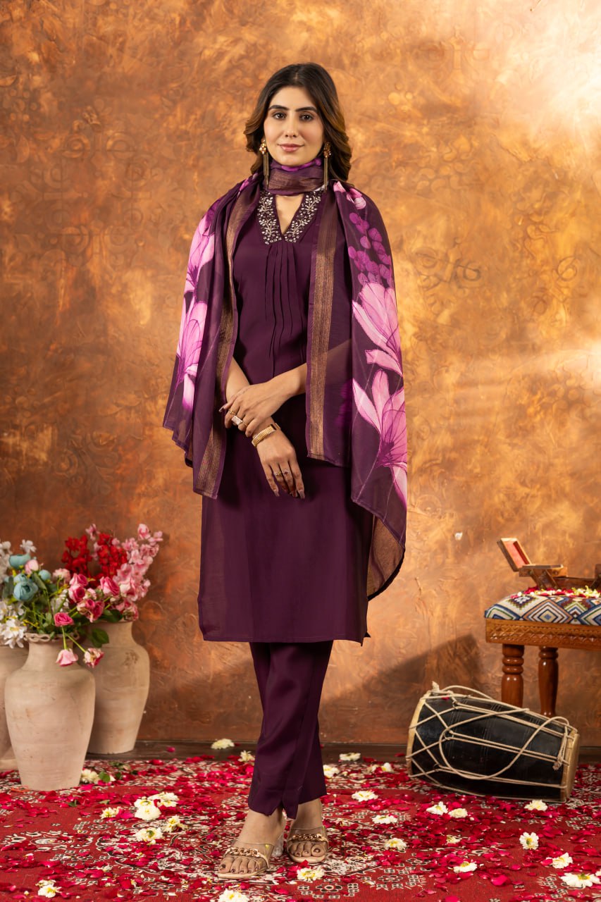 Women's Premium Cotton Embroidered Straight Kurta Pant & Floral Printed Organza Dupatta Set