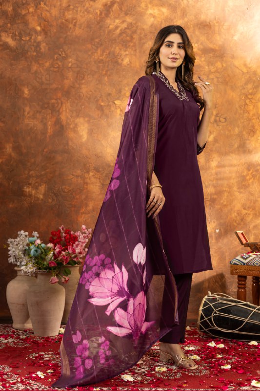 Women's Premium Cotton Embroidered Straight Kurta Pant & Floral Printed Organza Dupatta Set
