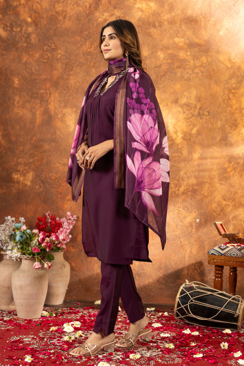 Women's Premium Cotton Embroidered Straight Kurta Pant & Floral Printed Organza Dupatta Set