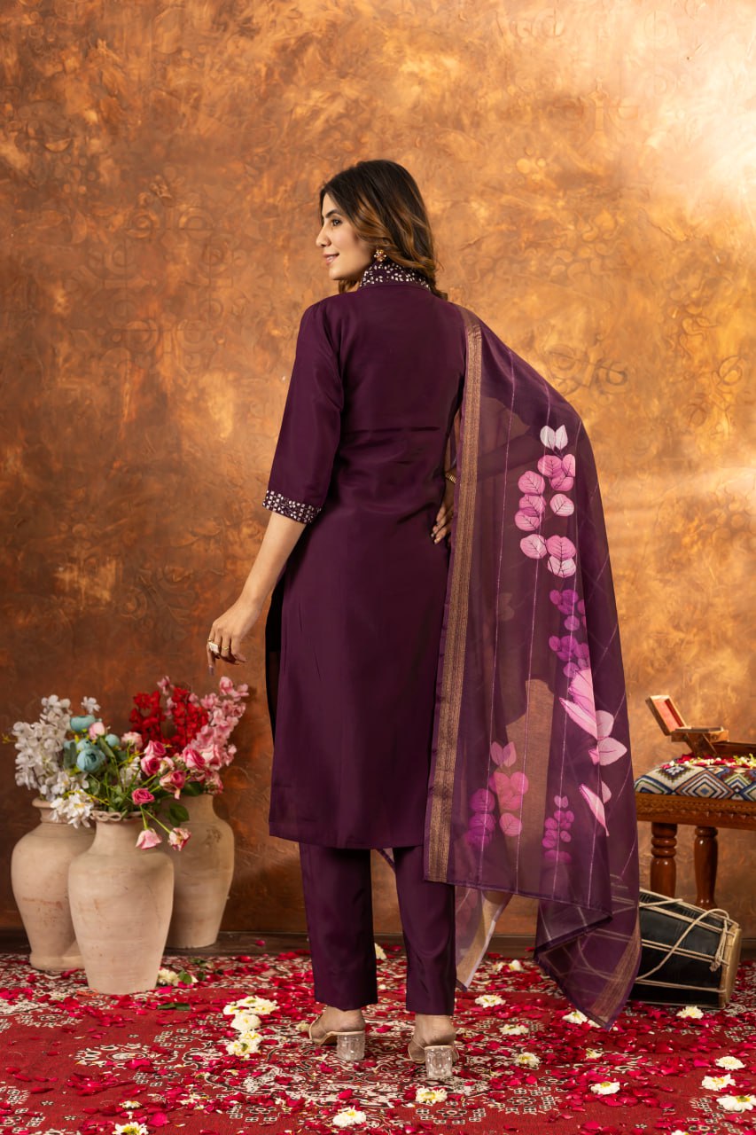 Women's Premium Cotton Embroidered Straight Kurta Pant & Floral Printed Organza Dupatta Set