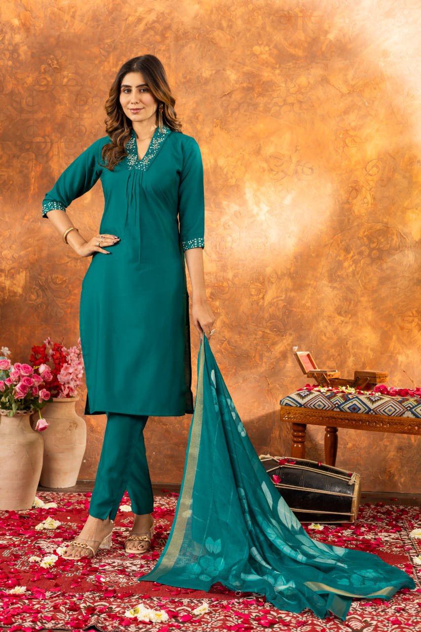Women's Premium Cotton Embroidered Straight Kurta Pant & Floral Printed Organza Dupatta Set