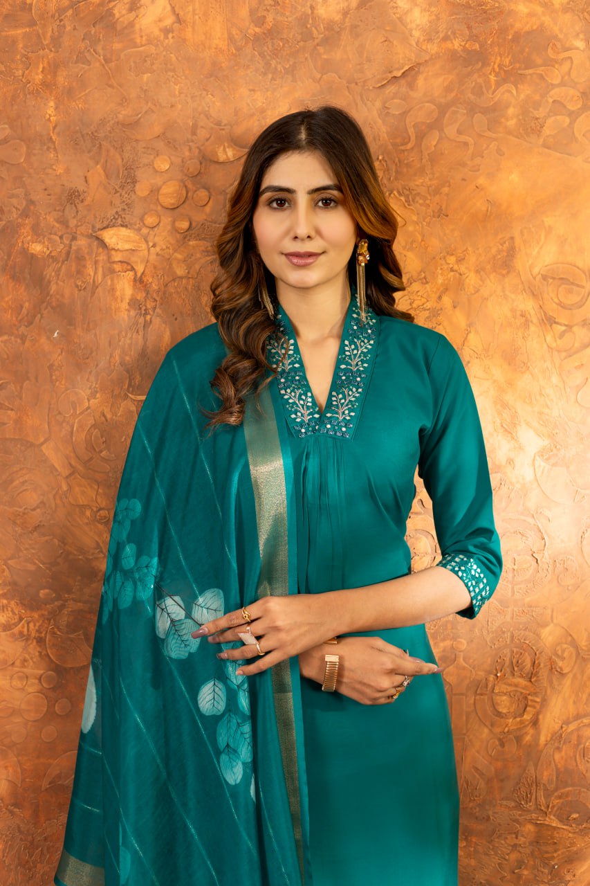 Women's Premium Cotton Embroidered Straight Kurta Pant & Floral Printed Organza Dupatta Set