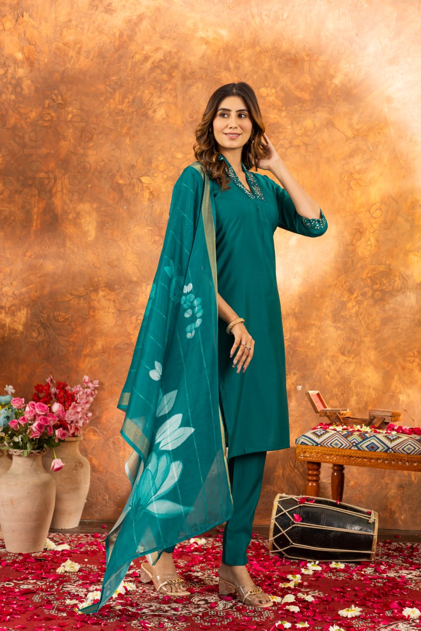 Women's Premium Cotton Embroidered Straight Kurta Pant & Floral Printed Organza Dupatta Set