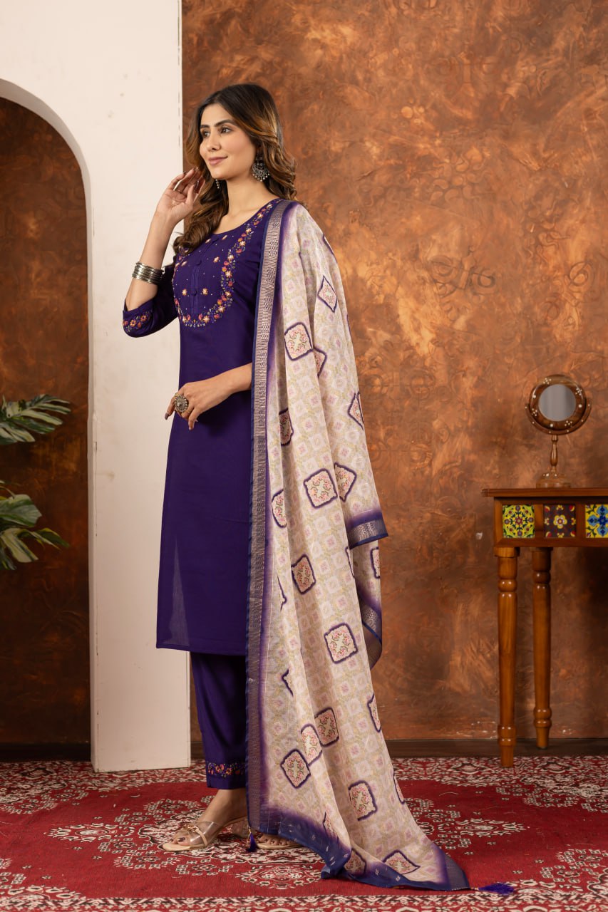 Elegant Off-White Embroidered Cotton Kurta Pant Set with Printed Dupatta for Women | Festive & Casual Ethnic Wear