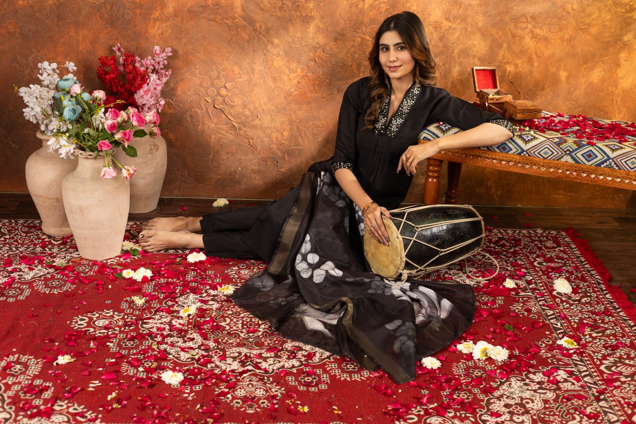 Women's Premium Cotton Embroidered Straight Kurta Pant & Floral Printed Organza Dupatta Set