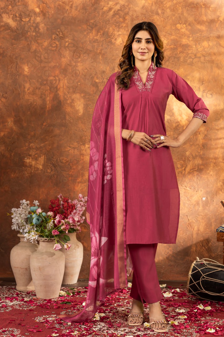 Women's Premium Cotton Embroidered Straight Kurta Pant & Floral Printed Organza Dupatta Set