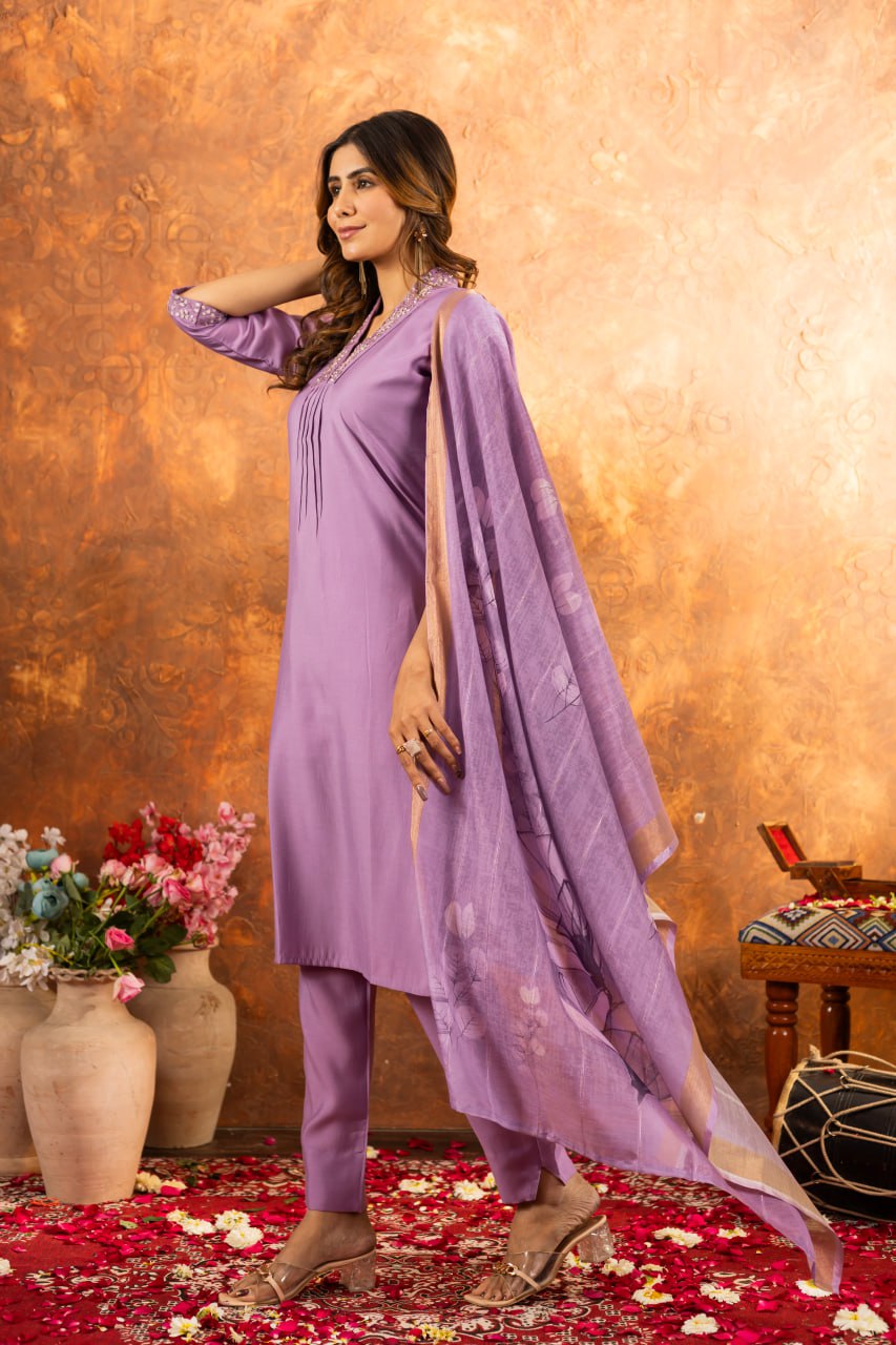 Women's Premium Cotton Embroidered Straight Kurta Pant & Floral Printed Organza Dupatta Set