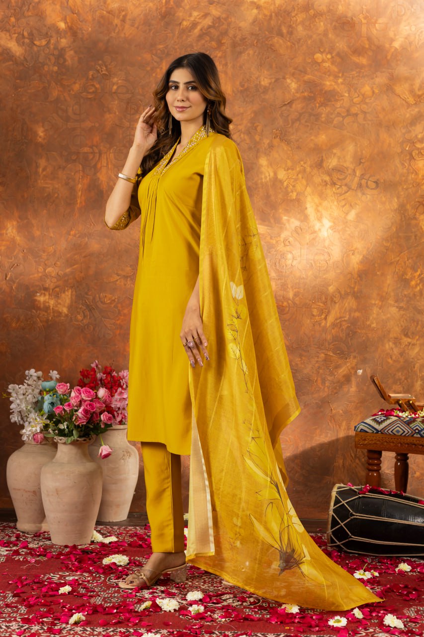 Women's Premium Cotton Embroidered Straight Kurta Pant & Floral Printed Organza Dupatta Set