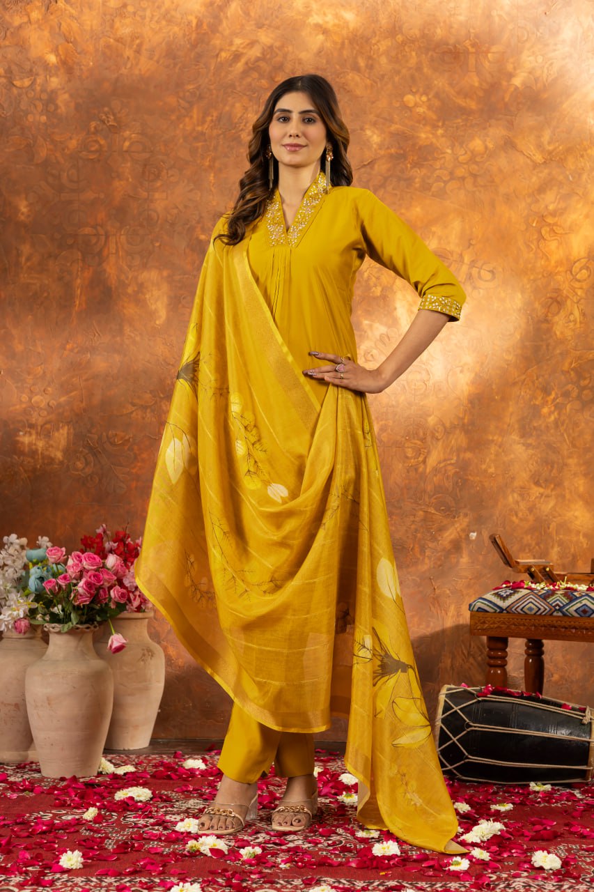Women's Premium Cotton Embroidered Straight Kurta Pant & Floral Printed Organza Dupatta Set