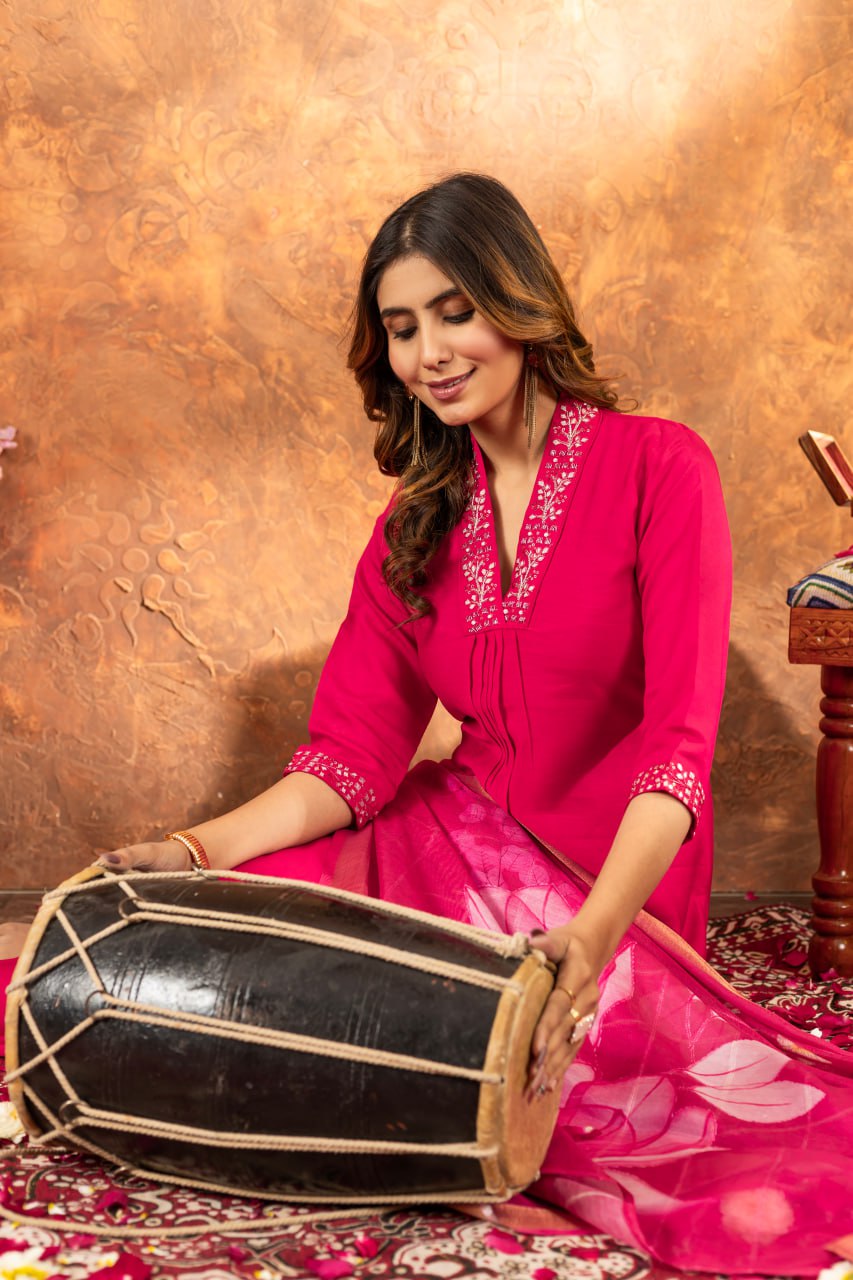 Women's Premium Cotton Embroidered Straight Kurta Pant & Floral Printed Organza Dupatta Set