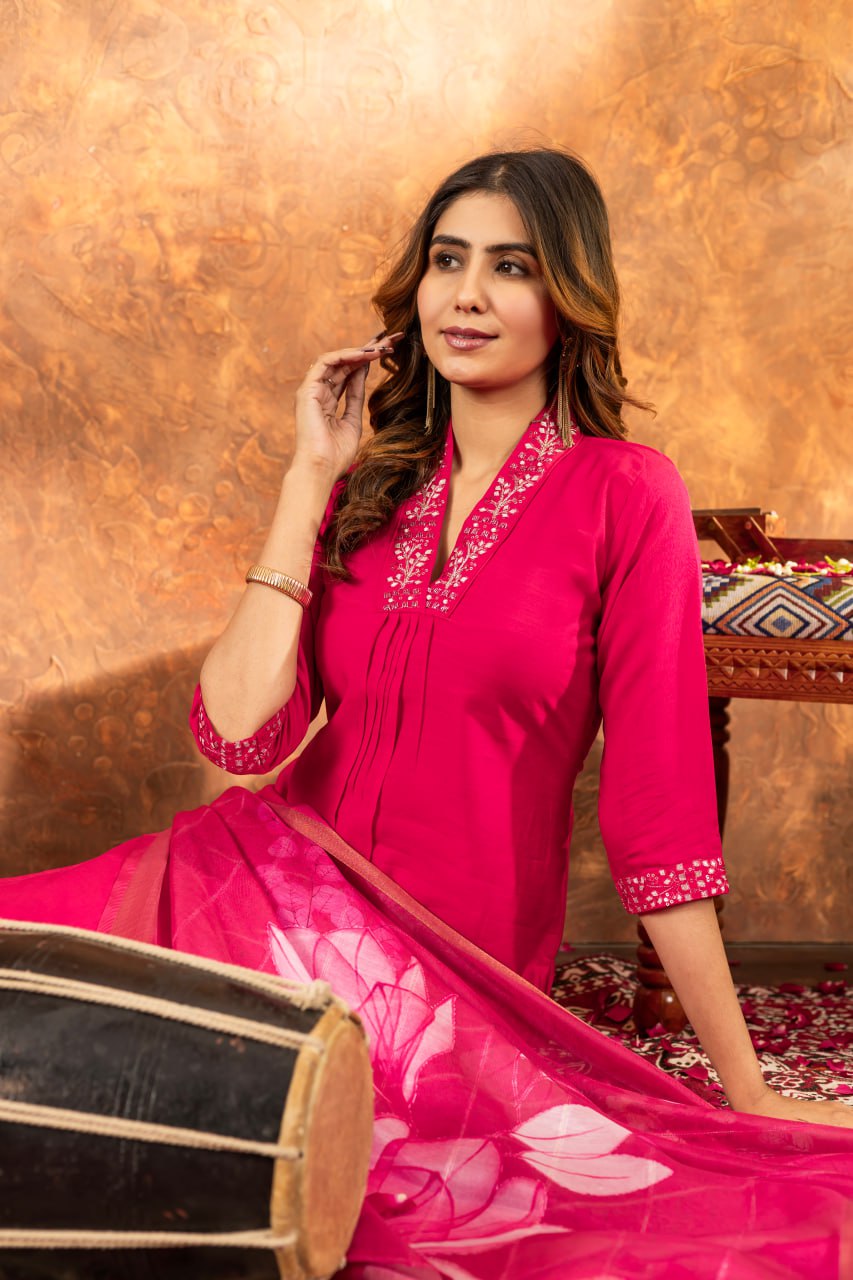 Women's Premium Cotton Embroidered Straight Kurta Pant & Floral Printed Organza Dupatta Set