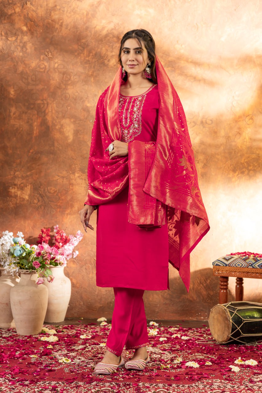 Women's Magenta Embroidered Kurta Pant Set with Jacquard Dupatta | Festive Ethnic Wear