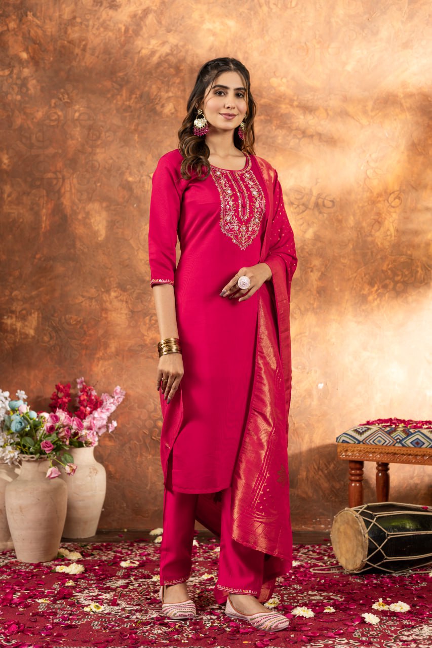 Women's Magenta Embroidered Kurta Pant Set with Jacquard Dupatta | Festive Ethnic Wear