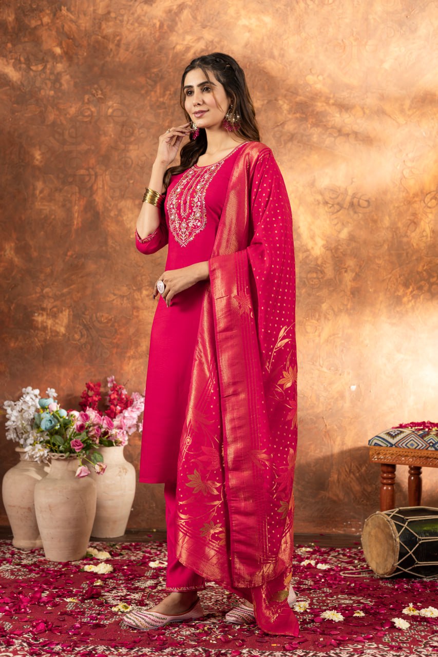 Women's Magenta Embroidered Kurta Pant Set with Jacquard Dupatta | Festive Ethnic Wear