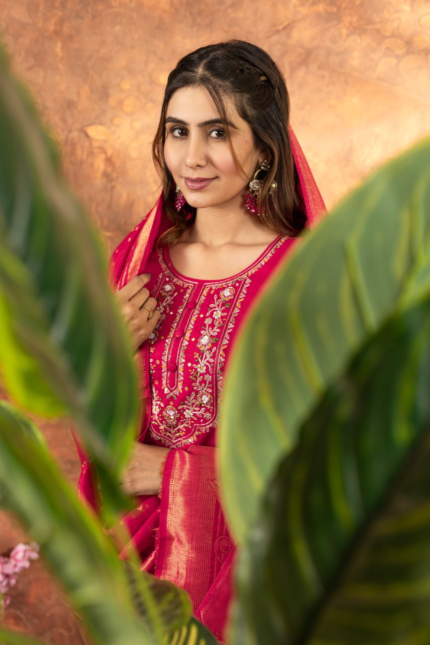 Women's Magenta Embroidered Kurta Pant Set with Jacquard Dupatta | Festive Ethnic Wear